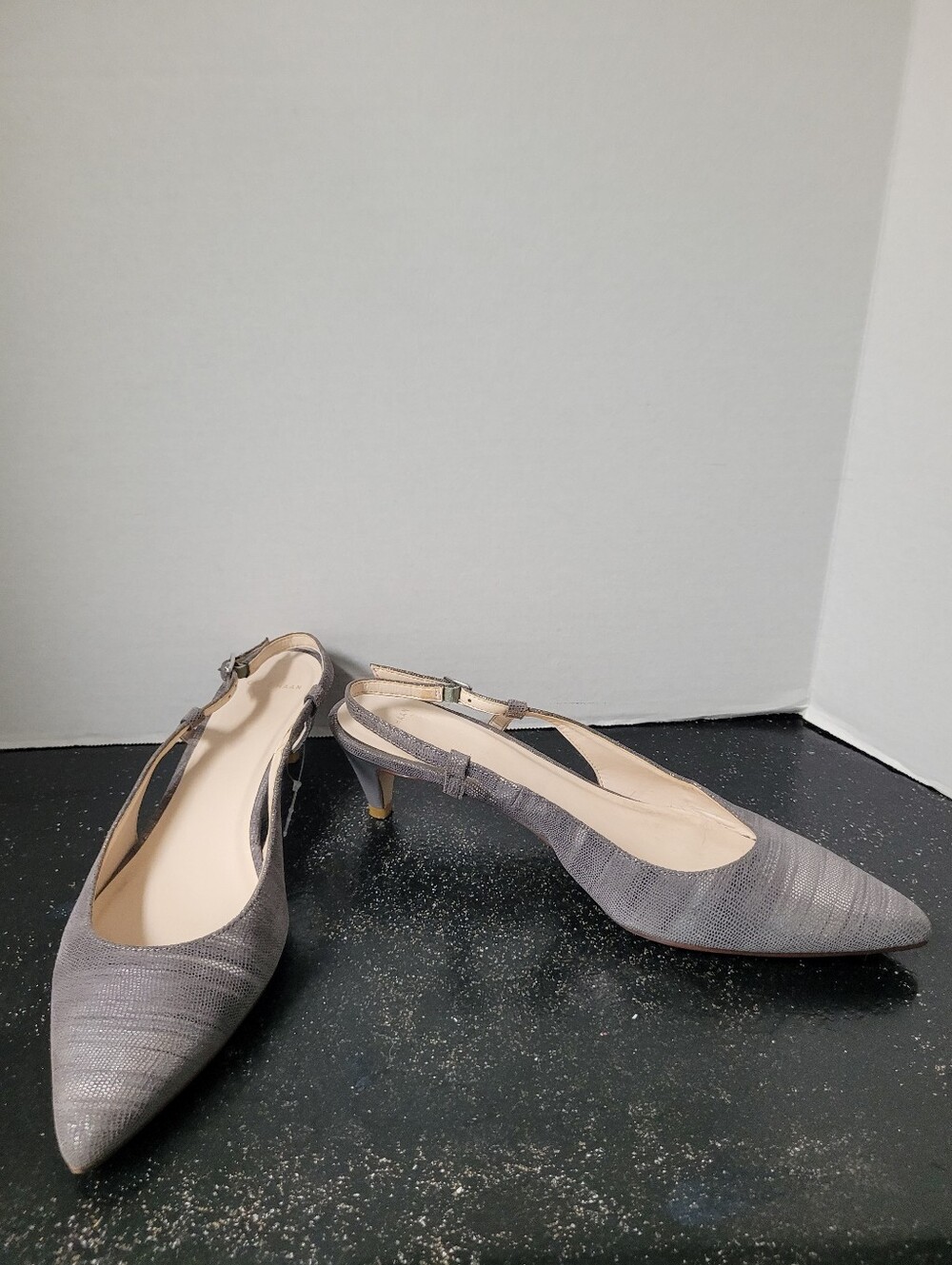 Cole Haan Hansell Slingback Pumps Metallic Silver Lizard Print Pointed Toe